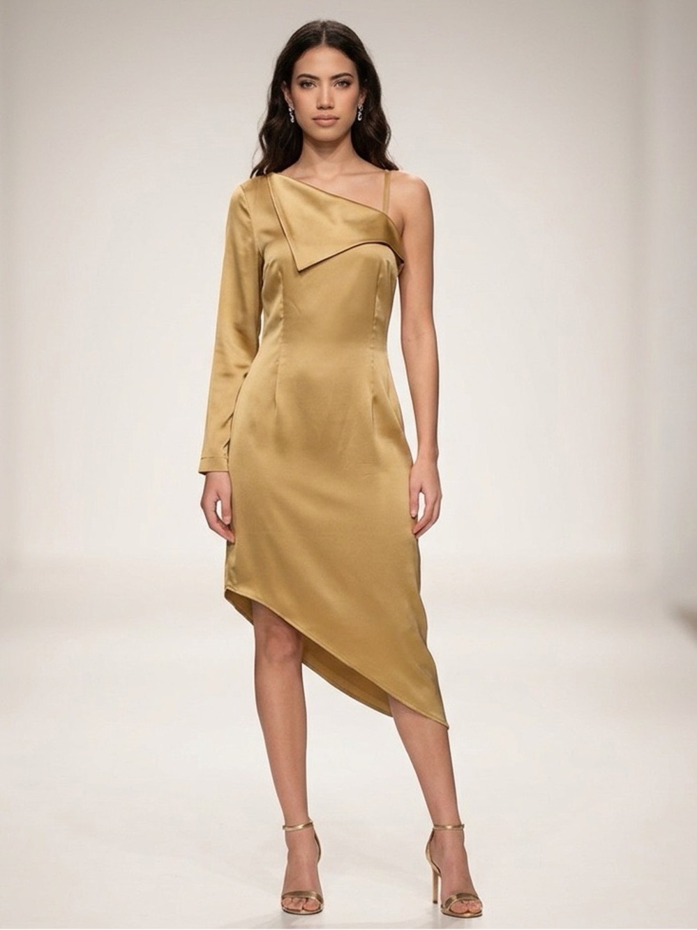 Making the Cut Gold Satin One Shoulder Asymmetrical Midi Dress Size Medium